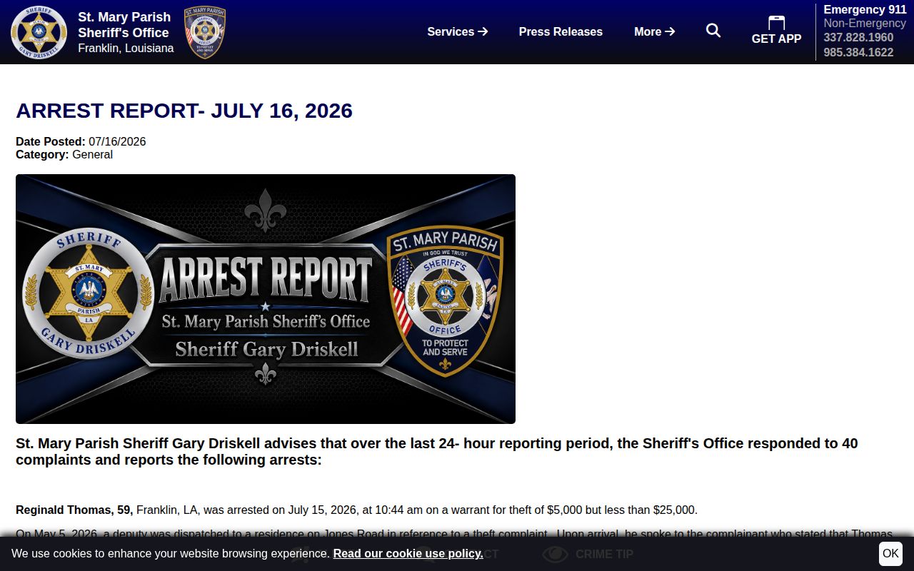St. Mary Parish 24-hour arrest report interface