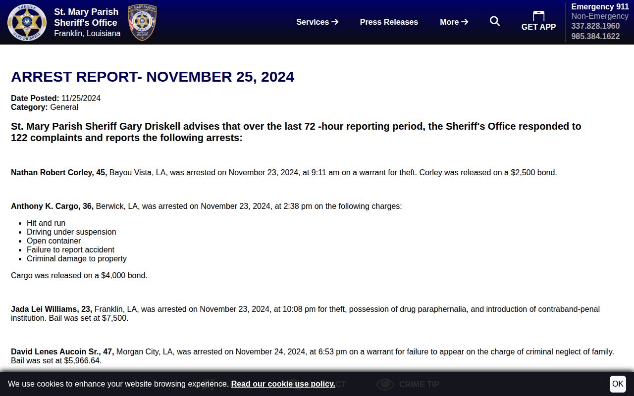 St. Mary Parish historical 72-hour arrest report