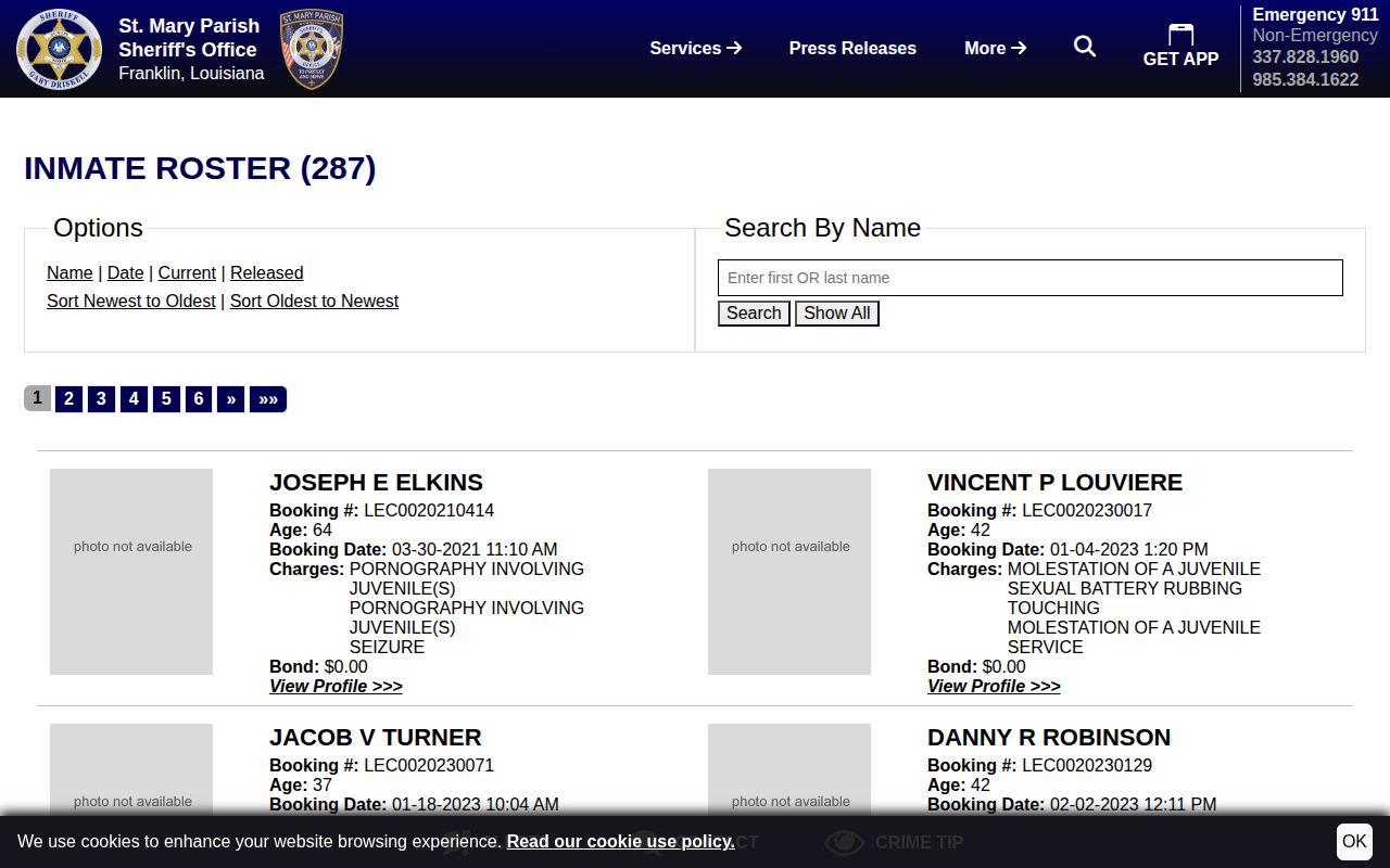 Official St. Mary Parish inmate roster search controls