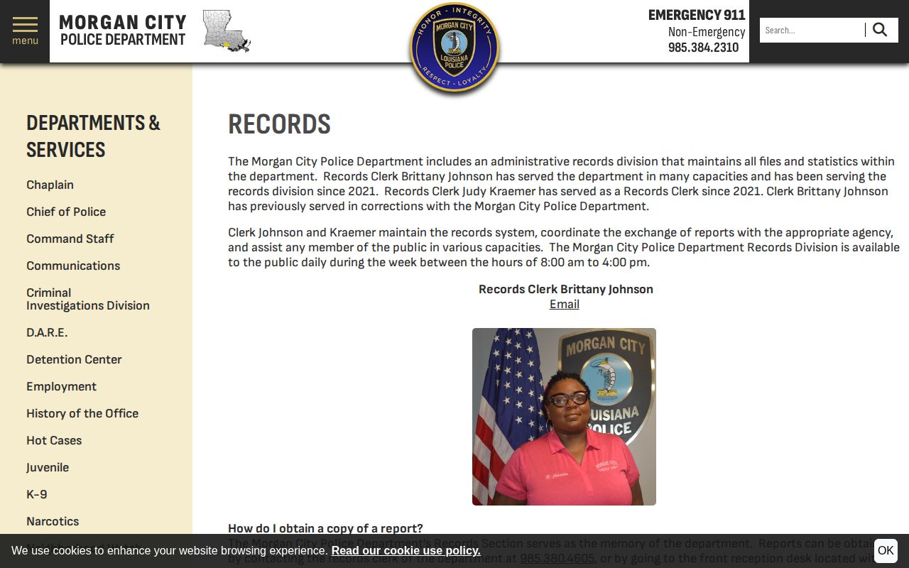 Morgan City Police Records Division request information