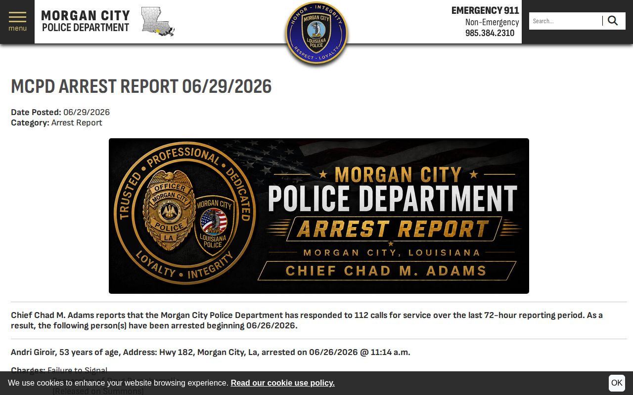 Morgan City Police 72-hour arrest report in St. Mary Parish