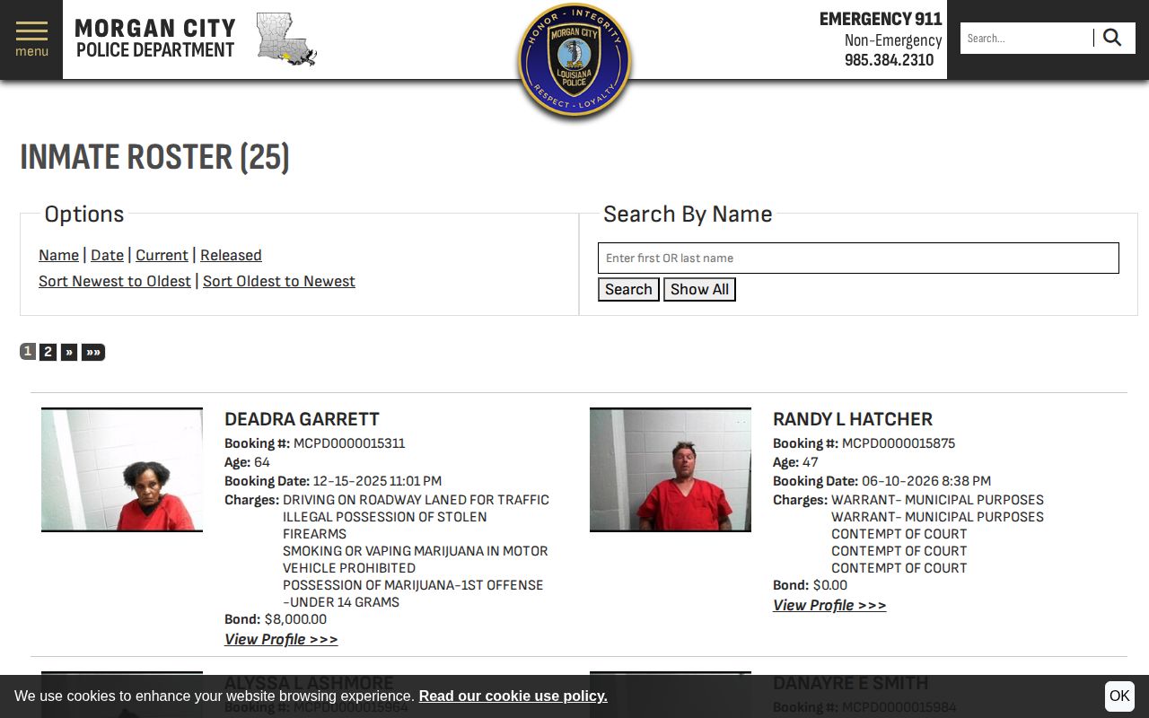 Morgan City Police official inmate roster search interface