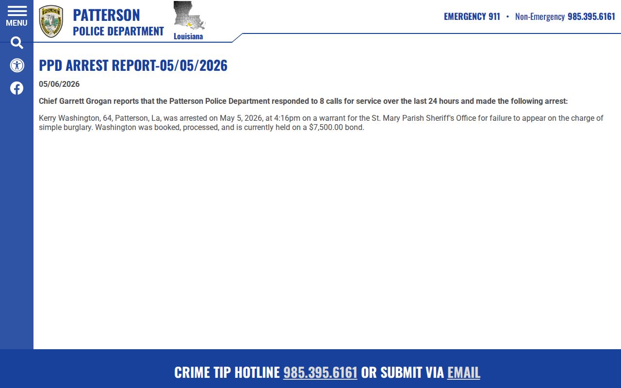 Patterson Police official 24-hour arrest report example